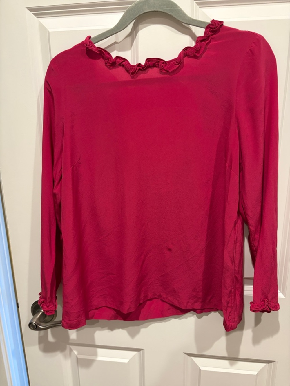 Sezane Fuchsia Ruffle-Neck silk Long Sleeve Blouse